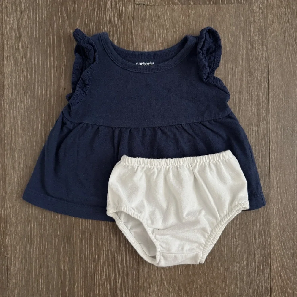 Carter's Tunic and Bloomers Set Baby Girls 6M Navy Blue Eyelet Ruffle 2-Piece
